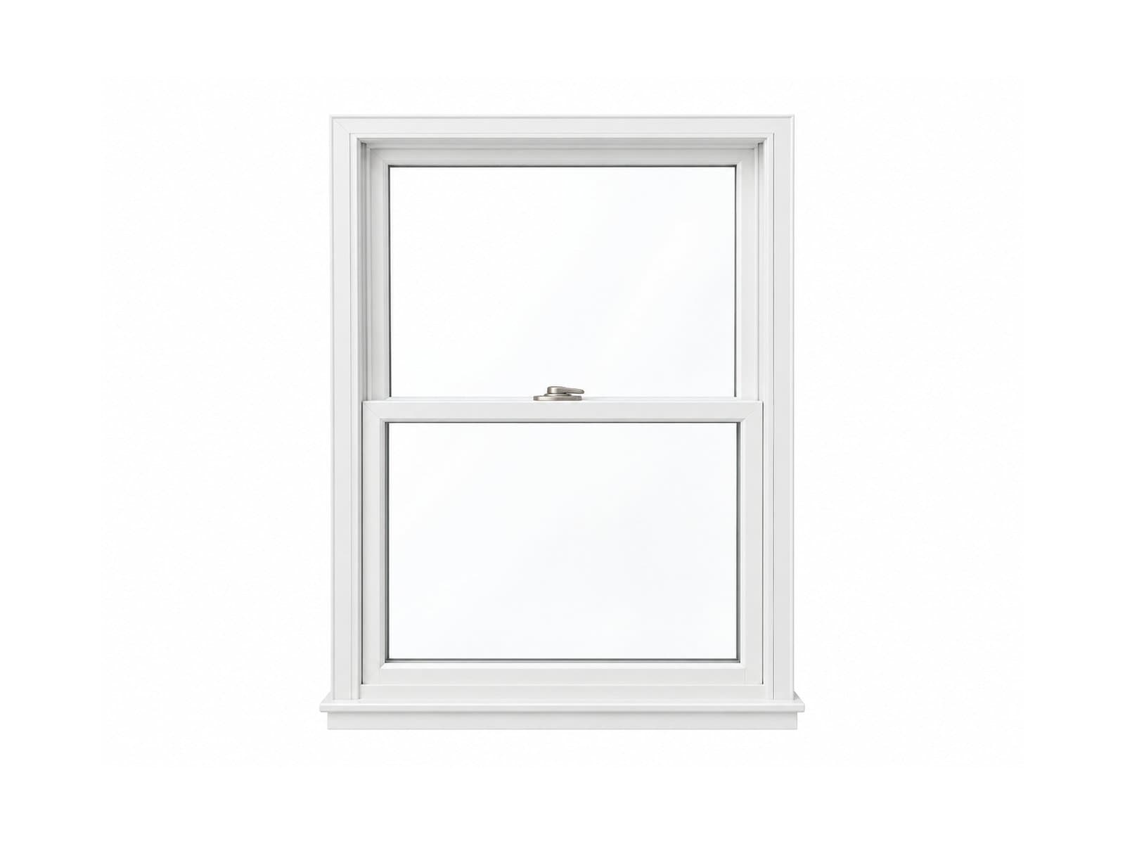 A white double-hung window has two sashes and a satin-nickel lock.