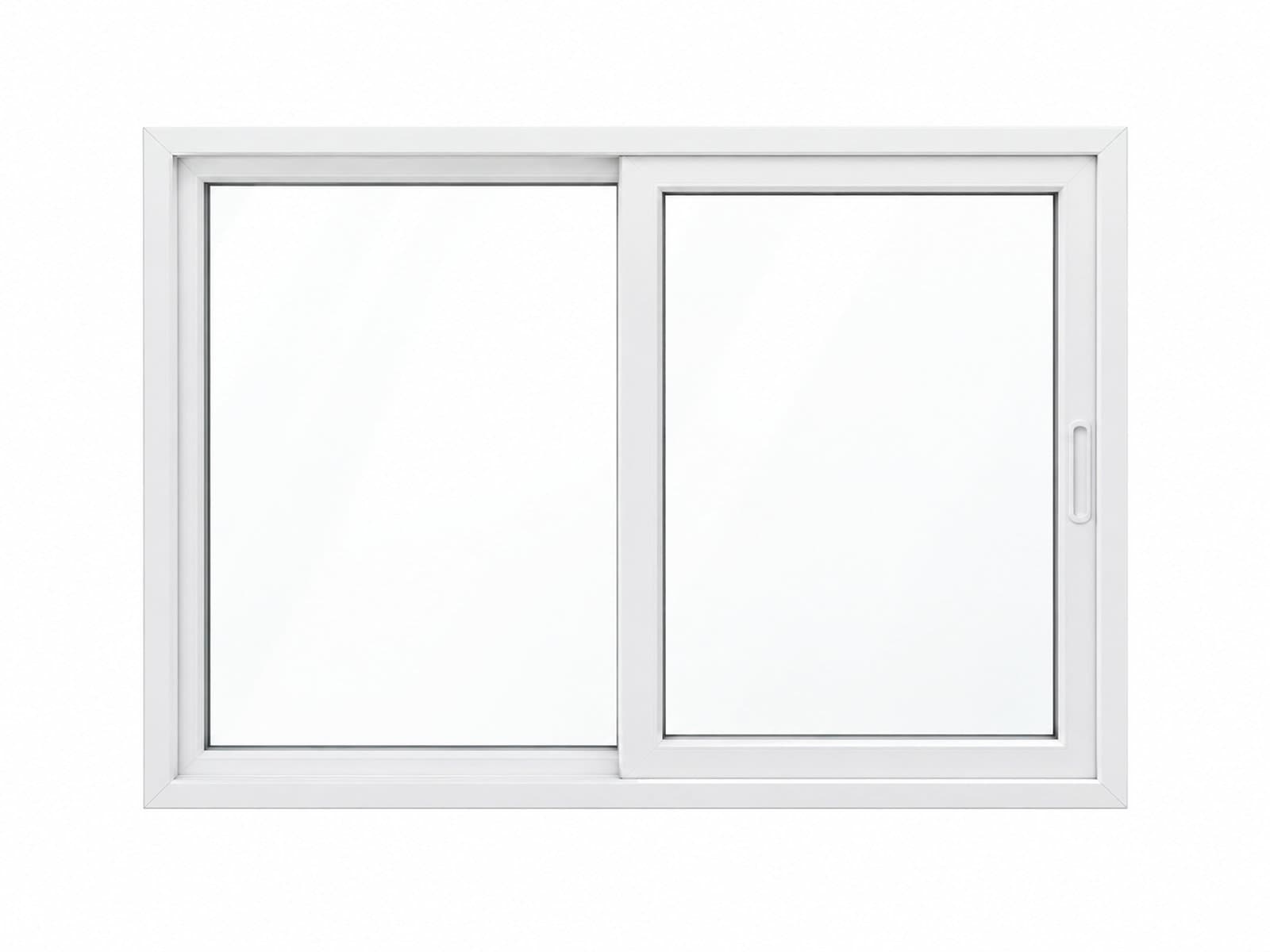 A white sliding window has two side-by-side glass sashes.