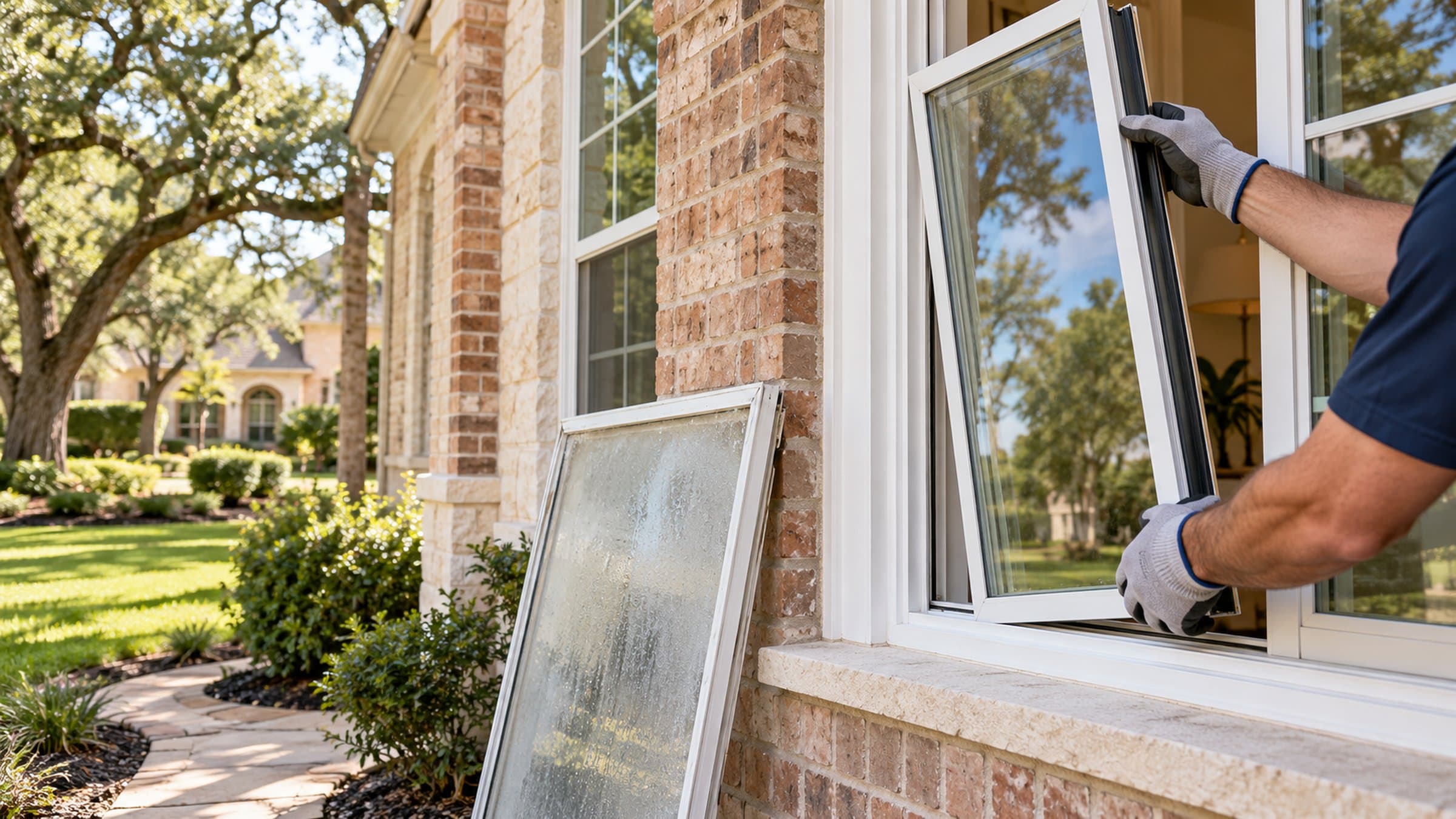 Gloved hands lift a clear glass unit into a white sash beside a fogged unit.