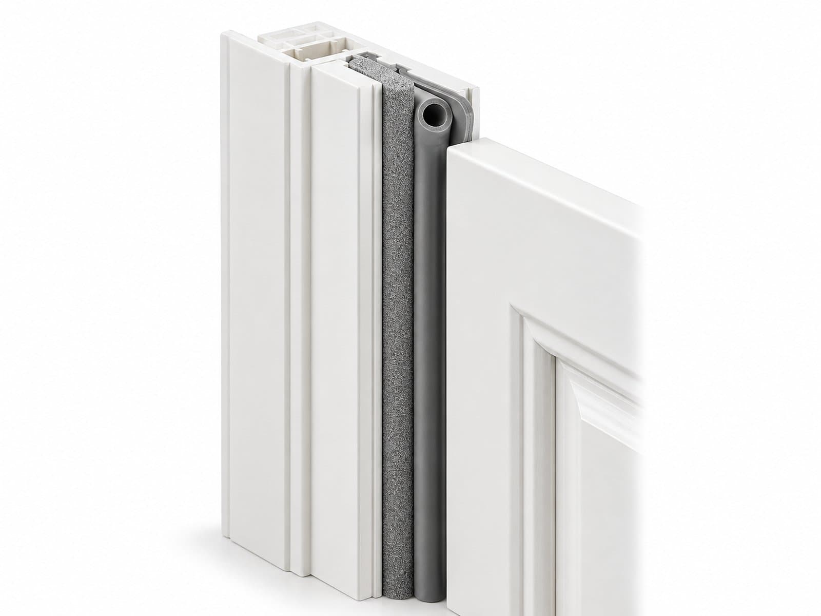 Grey foam and bulb weatherstripping run along a white door-frame edge.